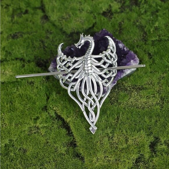 Vintage Inspired Viking Dragon Hair Accessory Silver Tone, Matching Hair Pin - Picture 1 of 2
